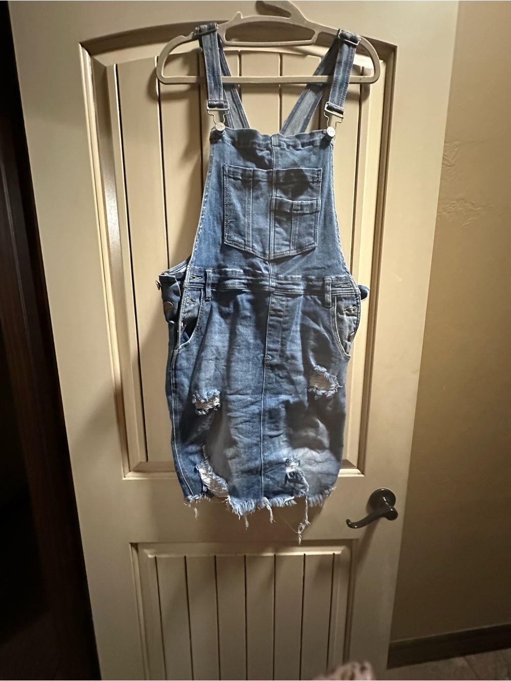 Distressed Denim Overall Midi Dress in Light Blue